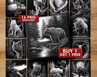 Wild Animals Slate Coaster PNG, Bear Deer Wolf Fox Owl Laser Engraving Files | #2078