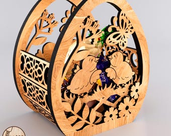 Easter Basket Laser Cut File SVG, Chick & Butterfly Wood Basket Template, Glowforge Spring Decor | #711