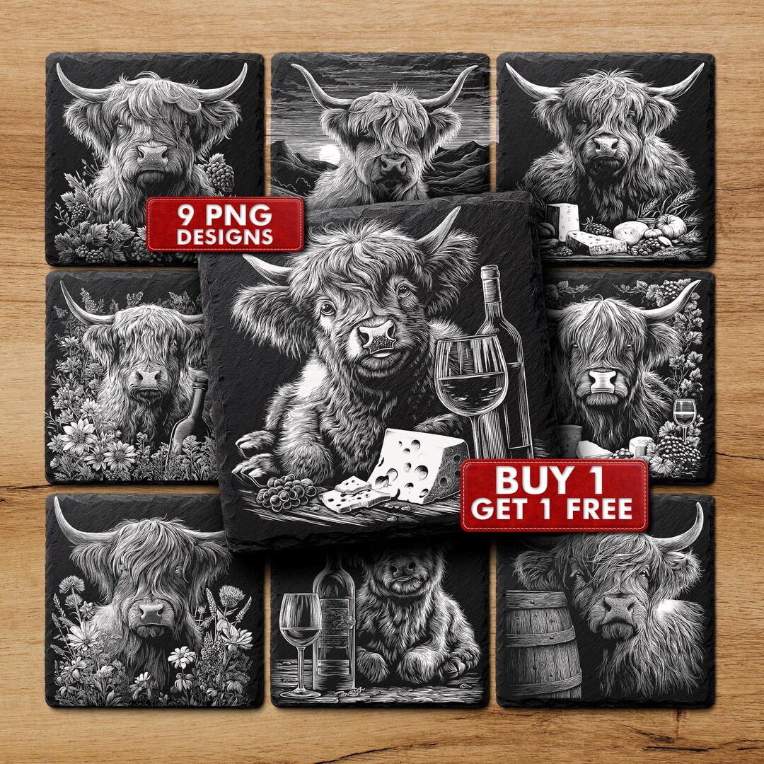 Wine and Cheese Highland Cow Laser Engraving Files for Slate Coasters ...