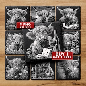 Peut inclure: Ensemble de neuf dessous de verre en ardoise noire avec des illustrations détaillées en noir et blanc de vaches des Highlands. Certains présentent des bouteilles de vin, du fromage et des raisins. Le texte "9 PNG Designs" et "Buy 1 Get 1 Free" est inclus.