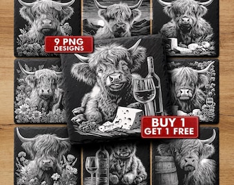 Wine and Cheese Highland Cow Laser Engraving Files for Slate Coasters, Kitchen Stone Coaster and Cutting Board | #2050