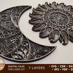 Multilayer Laser Cut Files - The Sun and The Moon - Designs CDR files, SVG file, Lasercut File and Autocad Laser Cutting Designs | #103