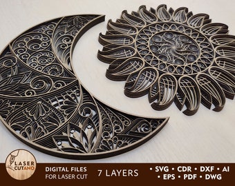 File di taglio laser multistrato - Il sole e la luna - Progetta file CDR, file SVG, file Lasercut e disegni di taglio laser Autocad / #103