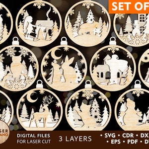 Laser Cut File CHRISTMAS Ornament Svg File bundle for paper cutting laser designs, ornament set laser file & glowforge file christmas | #382