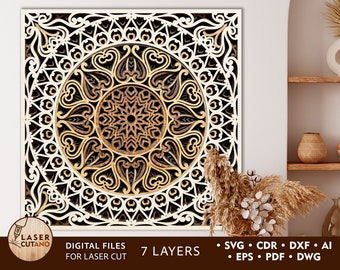 多層レーザーカットファイル MANDALA Glowforge およびレイヤーカットファイル、マンダラウォールアート SVG および多層ウォールアートレーザーカット | #399