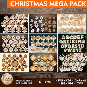 147 ORNAMENTI DI NATALE File tagliati al laser Set Svg e ornamenti natalizi glowforge, decorazioni natalizie dxf svg e capodanno tagliato al laser / #387