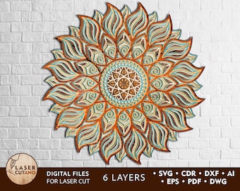 May include: A six-layer mandala design with intricate details in shades of brown, blue, and yellow. The design is perfect for laser cutting and creating decorative wall art.