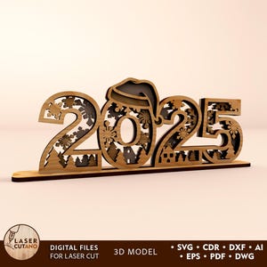 File di taglio laser per Capodanno 2025, file laser SVG 3D di Natale, decorazioni natalizie Glowforge con taglio laser DXF, file Lightburn / #636