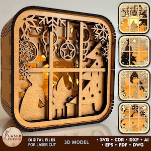 Teelichter Weihnachten Laser-Dateien, Weihnachten Glowforge Schatten-Box-Svg-Datei Laserschneiden Weihnachtsdekor svg, Neujahr Lasercut Laterne | #634