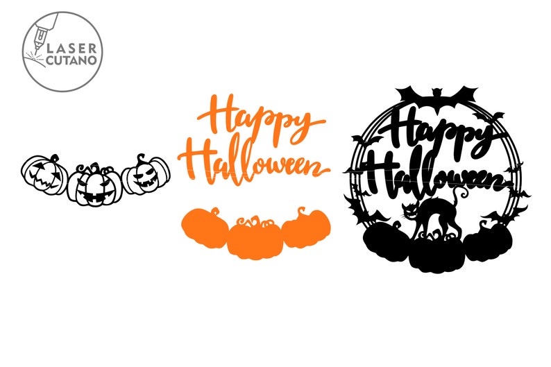 May include: A black and white design featuring the text "Happy Halloween" with a cat and bats. There are also three orange pumpkins with black jack-o-lantern faces.
