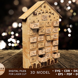 ADVENTKALENDER Lasergesneden digitaal bestand Svg en kerstmis lasergesneden dxf cdr, cnc-patroon en lasergesneden hout, laserbestanden modellendoos | #370