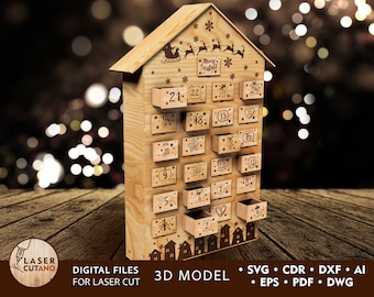 ADVENT KALENDER Laser Cut Digitale Datei svg und Weihnachten Laserschnitt dxf cdr, Cnc Muster und Lasercut Holz, Laserdateien Modelle Box | #370