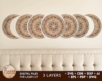 MOON PHASES Laser Cut Files for Xtool and Layered Mandala Laser Engraved Files Svg, 3D Multi-Layer Wooden Wall Art Laser Cutano | #461