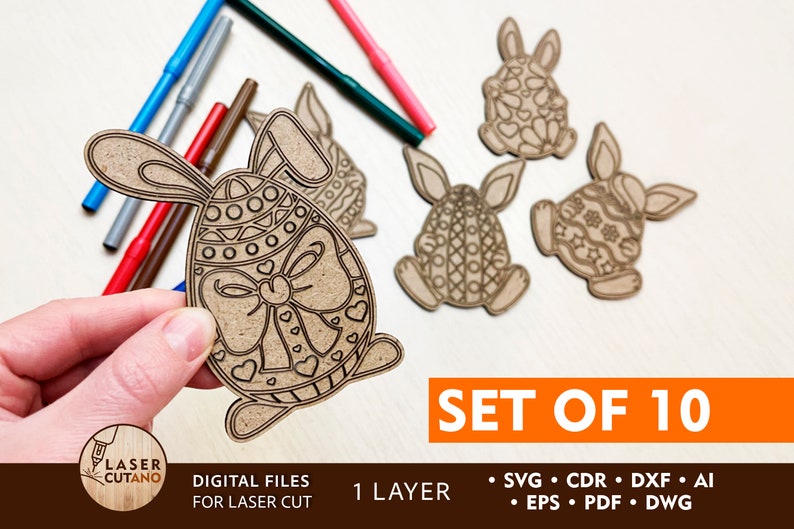 May include: Set of 10 laser cut wooden Easter bunny ornaments. Each bunny is holding an egg decorated with a bow and hearts. The ornaments are unfinished and ready to be painted.