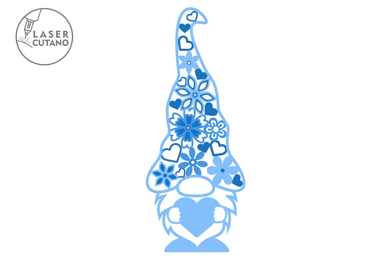 Pu&ograve; includere: Un gnomo blu con un cuore tra le mani. Il cappello del gnomo &egrave; decorato con fiori e cuori blu.