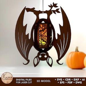 Plik laserowy Świecznik BAT Halloween Plik laserowy cięty, Halloween Svg dla Glowforge Light Holder Laser Svg, Wzory laserowe na Halloween | #623