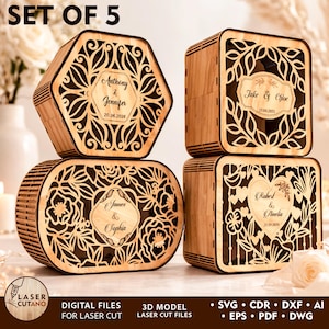May include: Set of five wooden laser-cut boxes with intricate floral and leaf designs. Each box features personalized names and dates. The boxes are in various shapes, including hexagonal, square, and oval, with the text "Anthony & Jennifer 20.06.2026", "Jake & Chloe 25.04.2025", "James & Sophia", and "Robert & Amelia 22.09.2026".