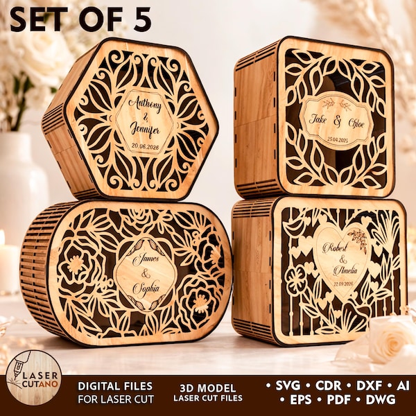 Set Wedding Boxes Laser Cut File SVG and DXF Wedding Gift Box Template, Wooden Wedding Box Laser Cut Files | #718