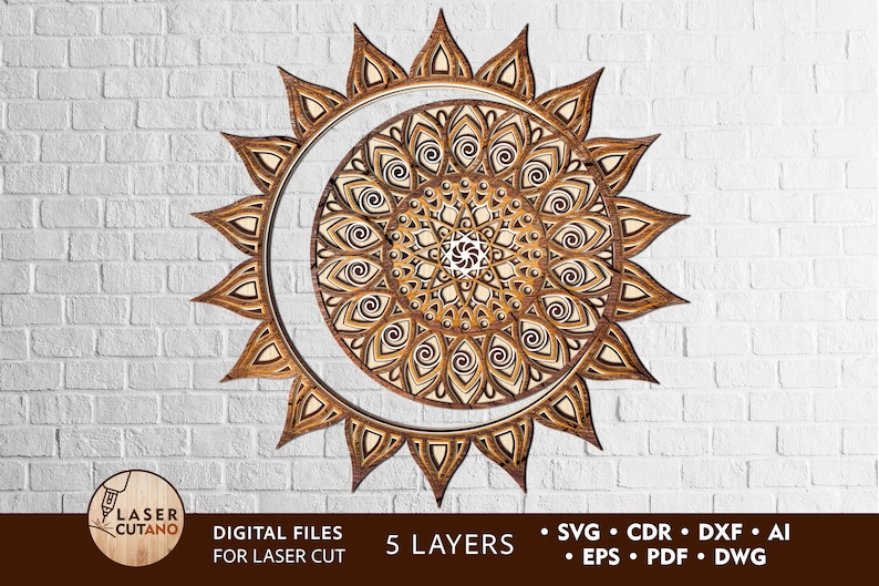May include: A laser cut mandala design with a sunburst pattern and five layers. The design is made of wood and has a brown color.