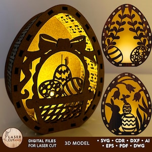 Huevo de Pascua SVG láser Archivos láser Glowforge, Pascua láser 3D Dxf, Huevo de Pascua SVG, Decoración en capas SVG Plantilla de corte láser de Pascua / # 654