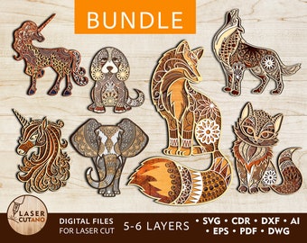 May include: A bundle of 8 digital files for laser cutting, featuring intricate mandala designs of various animals, including a unicorn, a dog, a fox, a wolf, an elephant, and a cat. The files are available in SVG, CDR, DXF, AI, EPS, PDF, and DWG formats. The designs are 5-6 layers and are perfect for creating unique and decorative wooden crafts.
