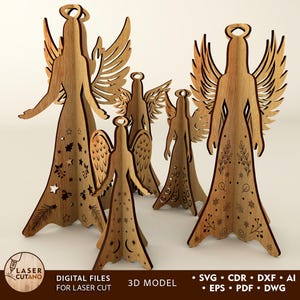 May include: Set of five laser cut wooden angel ornaments. The angels are all different sizes and have intricate details, including wings, halos, and floral patterns. The ornaments are perfect for adding a touch of elegance to your home decor.