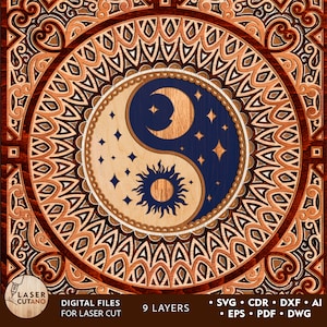 File tagliato al laser Mandala YIN YANG Svg Mandala a strati Wall Art e legno tagliato al laser Mandala, Mandala multistrato Svg e file laser 3D Svg / #579