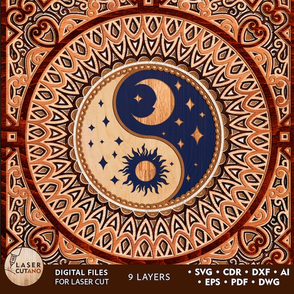 Laser Cut File Mandala YIN YANG Svg Layered Mandala Wall Art and Mandala Laser Cut Wood, Multilayer Mandala Svg and 3D Laser File Svg | #579