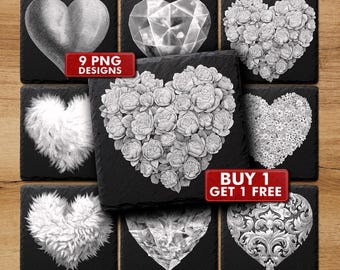 May include: Nine black square coasters with heart designs in various styles, including a diamond, floral arrangements, and textured patterns. The coasters are displayed on a wooden surface. Text on the image reads "9 PNG DESIGNS" and "BUY 1 GET 1 FREE".
