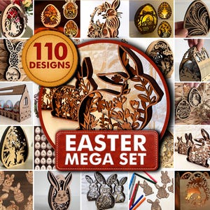 May include: A selection of laser-cut wooden Easter decorations, including bunnies and eggs. The image features various designs, with the text "110 DESIGNS" and "EASTER MEGA SET". The decorations are in shades of brown and beige.