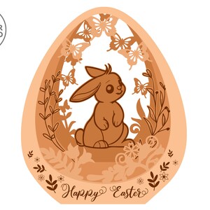 May include: A brown bunny rabbit sits inside a brown and peach egg-shaped frame with butterflies and flowers. The text "Happy Easter" is at the bottom of the frame.