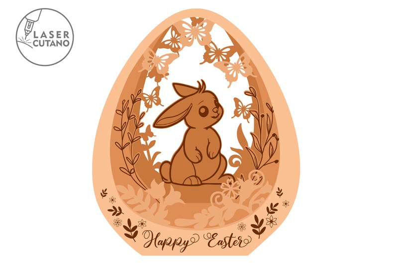 May include: A brown bunny rabbit sits inside a brown and peach egg-shaped frame with butterflies and flowers. The text "Happy Easter" is at the bottom of the frame.