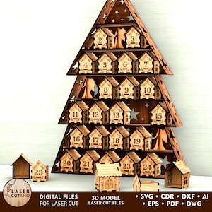 Könnte beinhalten: Ein Adventskalender aus Holz in Form eines Weihnachtsbaums mit 24 nummerierten Miniaturhäusern. Der Baum ist braun mit sternförmigen Aussparungen und einem separaten Haus für den 25. Tag. Text: "DIGITAL FILES FOR LASER CUT".