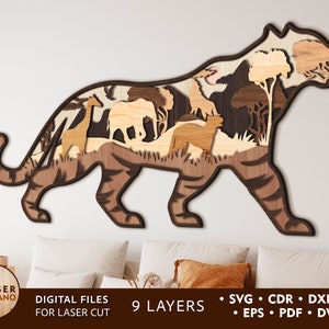 Laser Cut Wood Wall Art TIGER Svg File cut template vector file & laser cut home decoration DXF, layered laser template Glowforge | #346