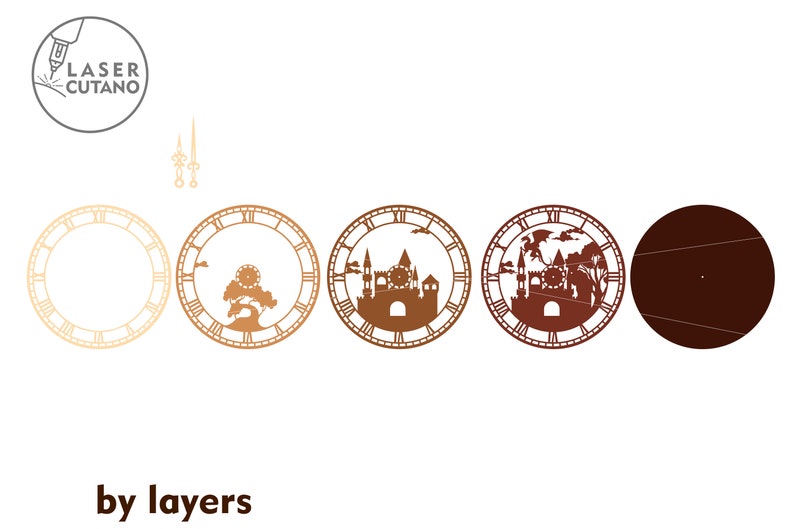 May include: Five layers of a laser cut clock design, showing the progression from a basic clock face to a detailed design featuring a castle, trees, and clouds. The final layer is a solid circle.