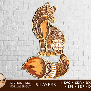 Lasergesneden bestanden FOX mandala SVG en cricut-bestanden, meerlagig paneel en 3D-mandala muurkunst en lasergesneden muurkunst, DXF-bestand voor laser | #150