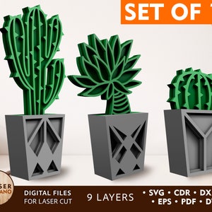 Arquivo de corte a laser CACTUS Svg Arquivo de laser suculento e arquivo de corte de cacto de madeira cortado a laser Glowforge svg, arquivo de corte de cacto 3D Svg suculento | #299