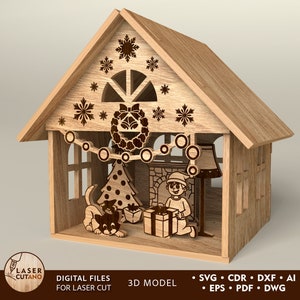 File di taglio laser Christmas House Glowforge e file Cnc per legno, file di router Cnc e Dxf natalizio, taglio laser decorazioni natalizie / #532