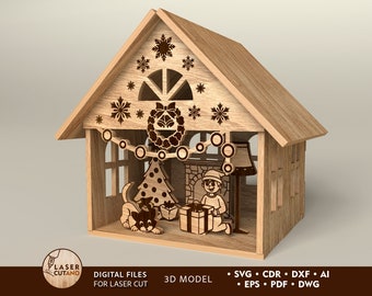 Christmas House Laser Cut File Glowforge and Cnc Files for Wood, Cnc Router Files and Christmas Dxf, Christmas Decor Laser Cut | #532