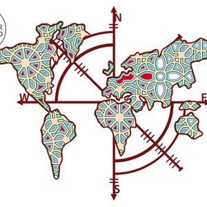 May include: A stylized world map with a compass rose, featuring a colorful geometric pattern in shades of blue, green, red, and yellow.