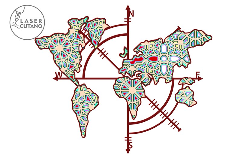 May include: A stylized world map with a compass rose, featuring a colorful geometric pattern in shades of blue, green, red, and yellow.