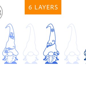 Pu&ograve; includere: Sei file di taglio SVG a strati di un gnomo blu con un motivo floreale sul cappello. Il gnomo &egrave; in piedi, con la barba e un cappello a punta. Il motivo &egrave; perfetto per creare una decorazione di gnomo festosa.