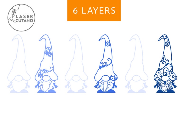 Pu&ograve; includere: Sei file di taglio SVG a strati di un gnomo blu con un motivo floreale sul cappello. Il gnomo &egrave; in piedi, con la barba e un cappello a punta. Il motivo &egrave; perfetto per creare una decorazione di gnomo festosa.