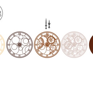 Pode incluir: Cinco designs de mostrador de rel&oacute;gio, incluindo um mostrador de rel&oacute;gio em branco, um mostrador de rel&oacute;gio com algarismos romanos, um mostrador de rel&oacute;gio com engrenagens, um mostrador de rel&oacute;gio com engrenagens e algarismos romanos, e um c&iacute;rculo castanho s&oacute;lido. Os mostradores de rel&oacute;gio s&atilde;o todos brancos com contornos pretos. As engrenagens s&atilde;o castanhas. Os algarismos romanos s&atilde;o pretos. O c&iacute;rculo castanho s&oacute;lido &eacute; um mostrador de rel&oacute;gio em branco.
