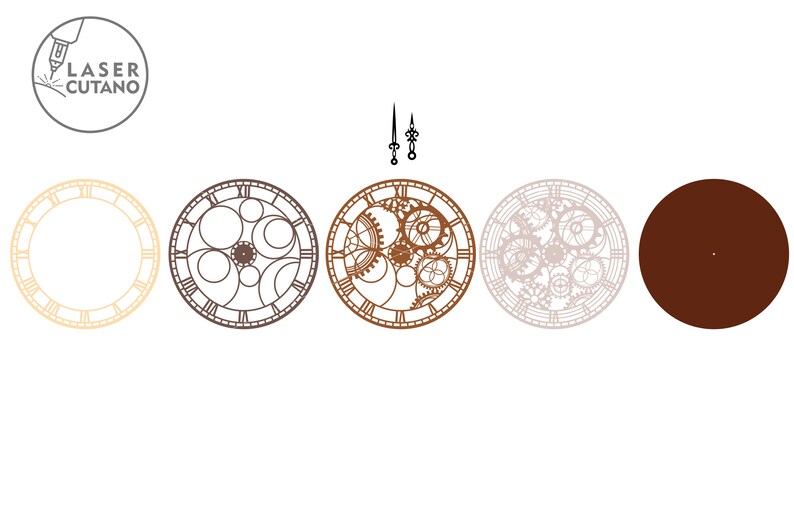 Pode incluir: Cinco designs de mostrador de rel&oacute;gio, incluindo um mostrador de rel&oacute;gio em branco, um mostrador de rel&oacute;gio com algarismos romanos, um mostrador de rel&oacute;gio com engrenagens, um mostrador de rel&oacute;gio com engrenagens e algarismos romanos, e um c&iacute;rculo castanho s&oacute;lido. Os mostradores de rel&oacute;gio s&atilde;o todos brancos com contornos pretos. As engrenagens s&atilde;o castanhas. Os algarismos romanos s&atilde;o pretos. O c&iacute;rculo castanho s&oacute;lido &eacute; um mostrador de rel&oacute;gio em branco.