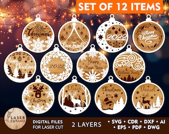 Svg CHRISTMAS ORNAMENTS Laser Cut Files Bundle Templates New Year Svg, christmas decorations DXF, Glowforge cut file, Cnc Christmas | #249