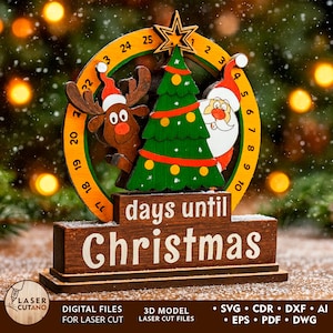 Può includere: Un calendario natalizio in legno con una renna, Babbo Natale e un albero di Natale. Il calendario ha un design circolare con numeri e la scritta "days until Christmas". Una stella è in cima.