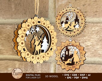 Bundle of 3D Christmas Ornaments Laser File, Tree Decoration Craft Set, Hanging Bauble, New Year Laser Cut Digital Download Laser Svg | #645