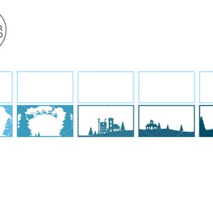 May include: Six different winter holiday themed silhouette designs for laser cutting. The designs include a snowy forest, Santa Claus in a sleigh, a cityscape, a small town, and two different forest scenes.