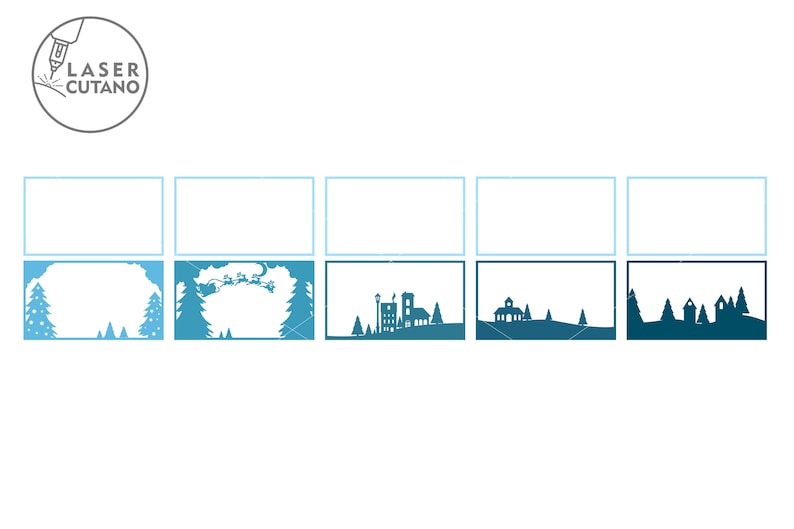 May include: Six different winter holiday themed silhouette designs for laser cutting. The designs include a snowy forest, Santa Claus in a sleigh, a cityscape, a small town, and two different forest scenes.
